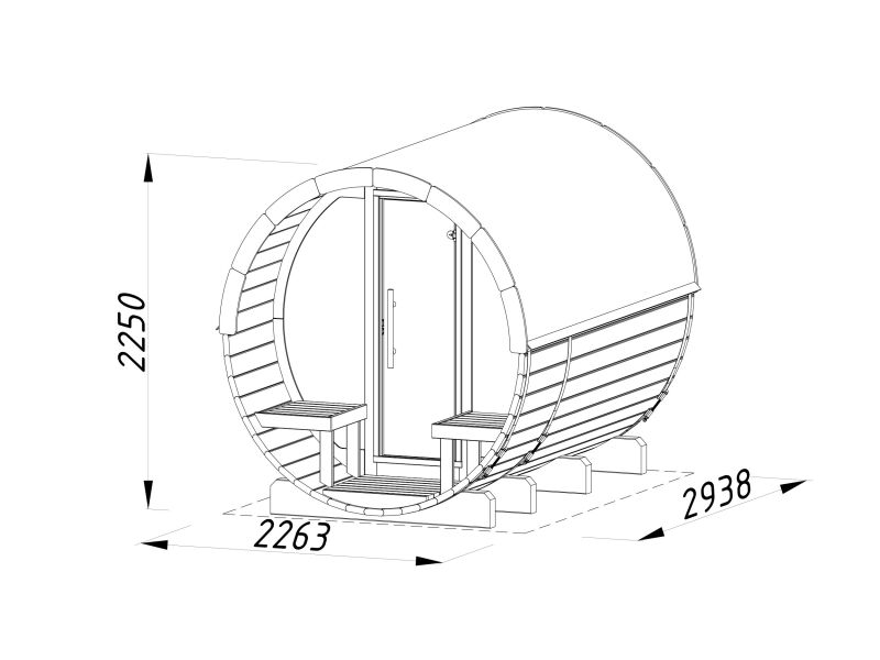 Palmako Saunafass Modell ANITA 1,6+0,7 m² - 220x290 cm + 78 cm Terrasse, inkl. Dachschindeln schwarz, mit Glasfrost, Thermoholz