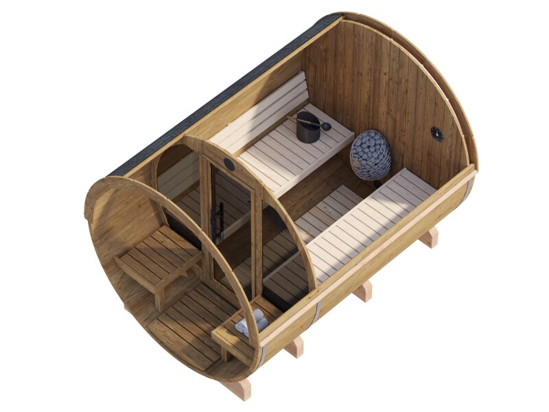 Palmako Saunafass Modell ANITA 1,6+0,7 m² - 220x290 cm + 78 cm Terrasse, inkl. Dachschindeln schwarz, mit Glasfrost, Thermoholz