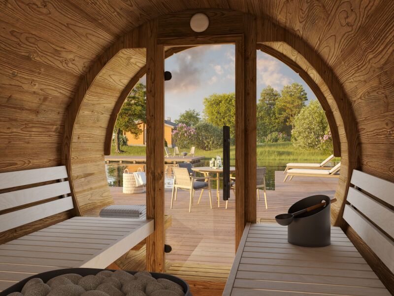 Palmako Saunafass Modell ANITA 1,6+0,7 m² - 220x290 cm + 78 cm Terrasse, inkl. Dachschindeln schwarz, mit Glasfrost, Thermoholz