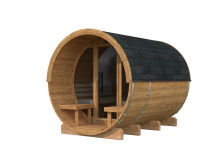 Palmako Saunafass Modell ANITA 1,6+0,7 m² - 220x290 cm + 78 cm Terrasse, inkl. Dachschindeln schwarz, mit Glasfrost, Thermoholz