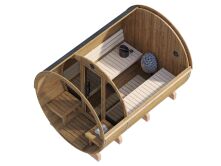 Palmako Saunafass Modell ANITA 1,6+0,7 m² - 220x290 cm + 78 cm Terrasse, inkl. Dachschindeln schwarz, mit Glasfrost, Thermoholz