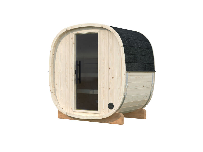 Palmako Saunafass Modell ASTRA 1,1 m² - 206x134 cm, 42 mm, inkl. Dachschindeln schwarz, Bausatz natur