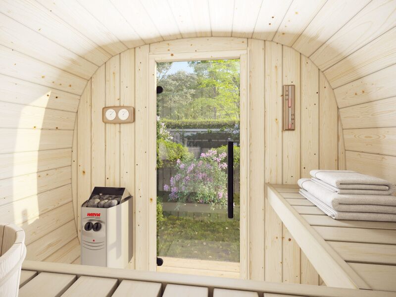 Palmako Saunafass Modell ASTRA 1,4 m² - 206x164 cm, 42 mm, inkl. Dachschindeln schwarz, Bausatz natur