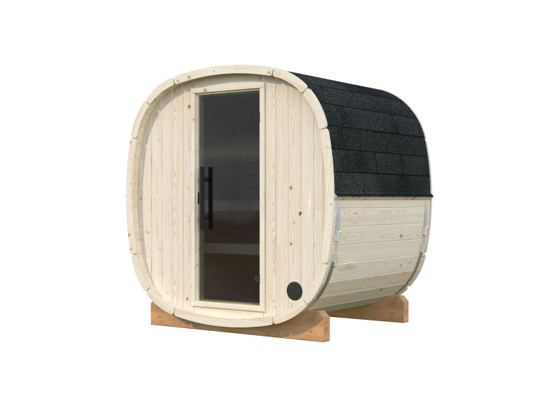 Palmako Saunafass Modell ASTRA 1,4 m² - 206x164 cm, 42 mm, inkl. Dachschindeln schwarz, Bausatz natur