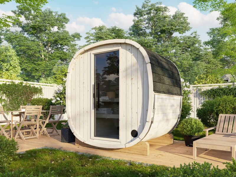 Palmako Saunafass Modell ASTRA 1,4 m² - 206x164 cm, 42 mm, inkl. Dachschindeln schwarz, Bausatz natur