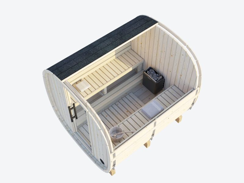 Palmako Saunafass Modell ASTRA 2,0 m² - 206x224 cm, 42 mm, inkl. Dachschindeln schwarz, Bausatz natur