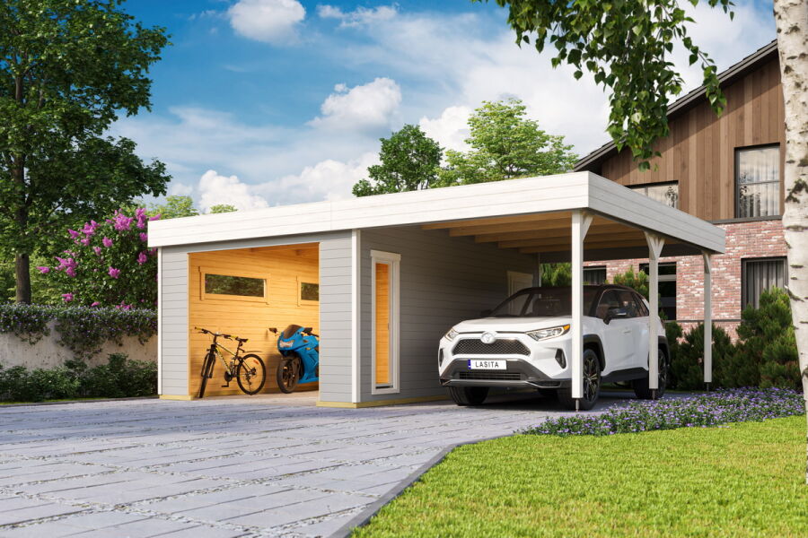 Lasita Maja Garage BAHAMAS ohne/mit TORE ISO 44 mm 660x540 cm, nature + farbig