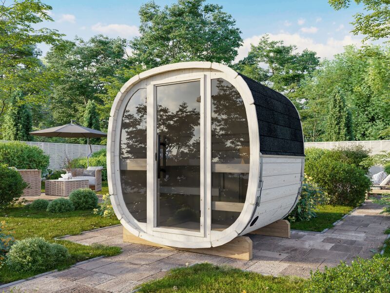Palmako Saunafass Modell ASTRA 1,4 m² - 206x164 cm, 42 mm, inkl. Dachschindeln schwarz, Bausatz natur, Vollglasfront
