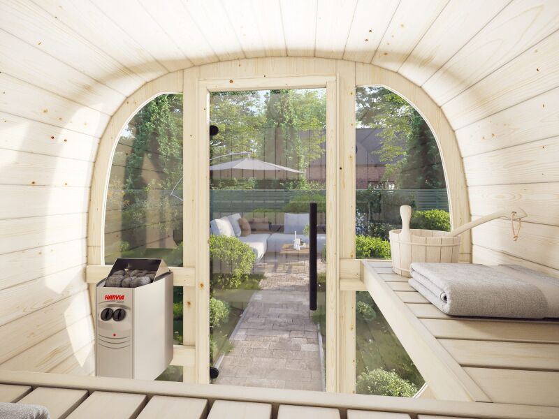 Palmako Saunafass Modell ASTRA 1,4 m² - 206x164 cm, 42 mm, inkl. Dachschindeln schwarz, Bausatz natur, Vollglasfront