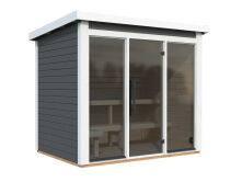 Palmako Saunahaus ELYS 4,1m², 250 x 180 cm, 44 mm, inkl. Fußboden, Vollglasfront, lackiert dunkelgrau (7012) + weiß (9016)