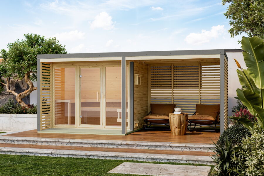 Karibu Saunahaus ARIS 3 - 276x276x232 cm 38 mm natur / Metall graualuminium / ohne Ofen