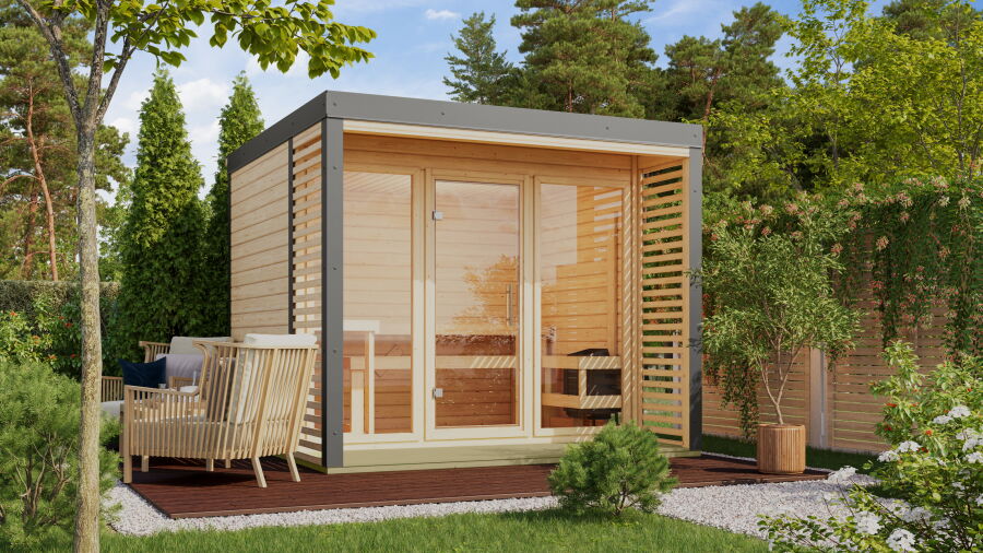 Karibu Saunahaus ARIS 3 - 276x276x232 cm 38 mm natur / Metall graualuminium / ohne Ofen