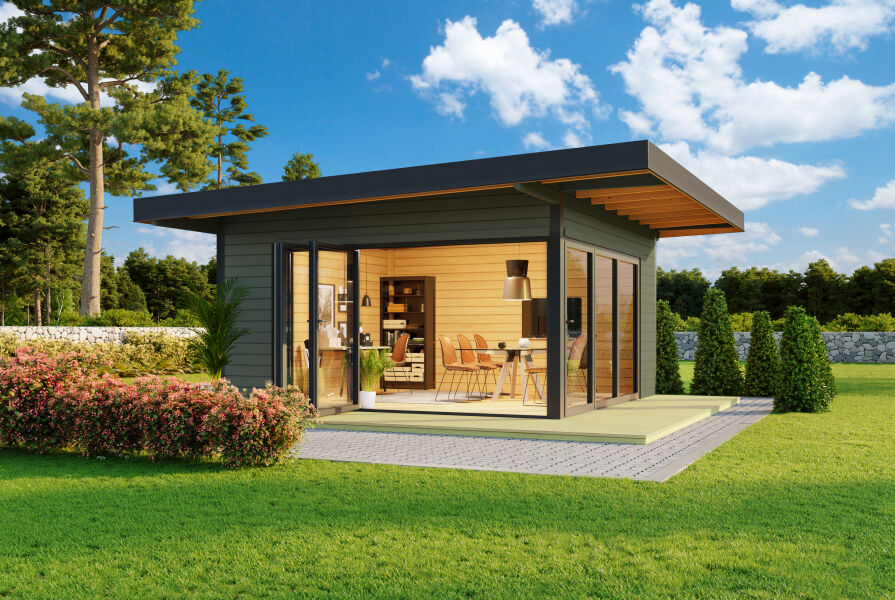 Lasita Maja Premium Gartenhaus DOMEO 9 - 70 mm ISO 450 x 450 m, natur + farbig / Rahmen Kobaltgrau